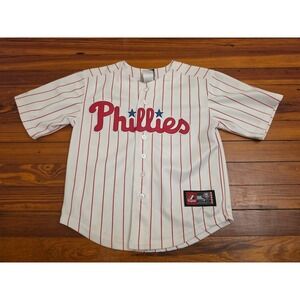 Majestic Philadelphia Phillies Youth Baseball Jersey White Red Pinstripe Size 8